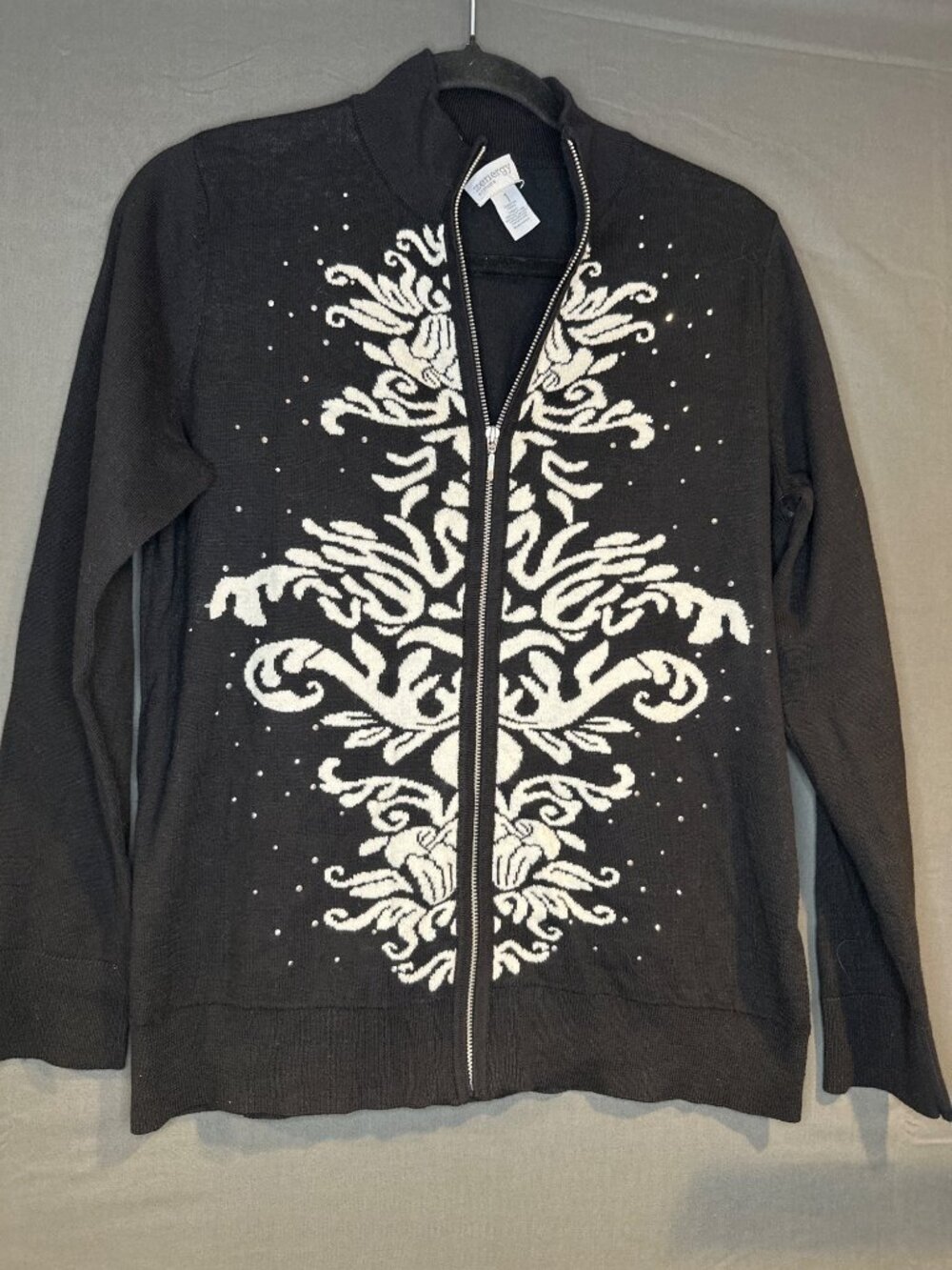 Women Chico’s Zemergy Size 1 Black White Baroque Zip Cardigan Rhinestone Sweater